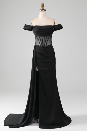 Black Off the Shoulder Satin Corset Mermaid Ball Dress with Slit